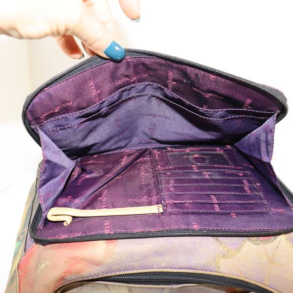 Anuschka Hand-Painted Leather Crossbody Bag Cat & Bird Floral - Picture 7 of 9